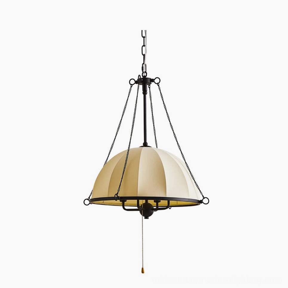 Covina mid-century modern pendant lamp with ribbed fabric shade and black metal hardware, overhead view