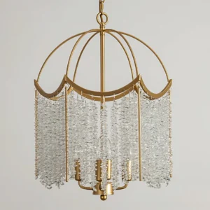Close-up overhead view of Coyilap chandelier showing scalloped metal frame, exposed E14 candle bulb sockets, and detailed crystal bead draping