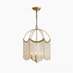 Coyilap gold crystal chandelier full front hanging view showcasing scalloped brass frame and cascading crystal beads