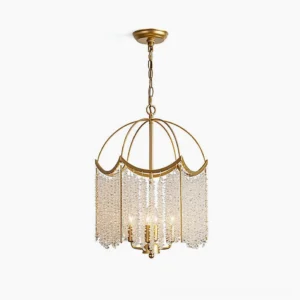 Coyilap gold crystal chandelier full front hanging view showcasing scalloped brass frame and cascading crystal beads