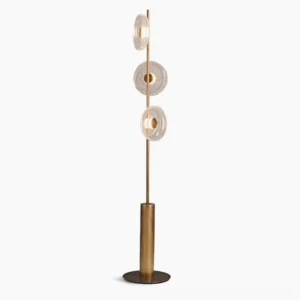 Crackle glass floor lamp with bronze base, full front view showing clear glass discs and metal frame in minimalist studio setting