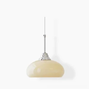Cream Bell Pendant Light - mid-century modern frosted glass dome with chrome hardware on white studio background