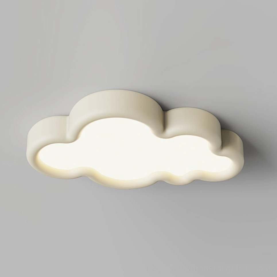 Crown Cloud cream ceiling light illuminated with warm glowing light on gray wall