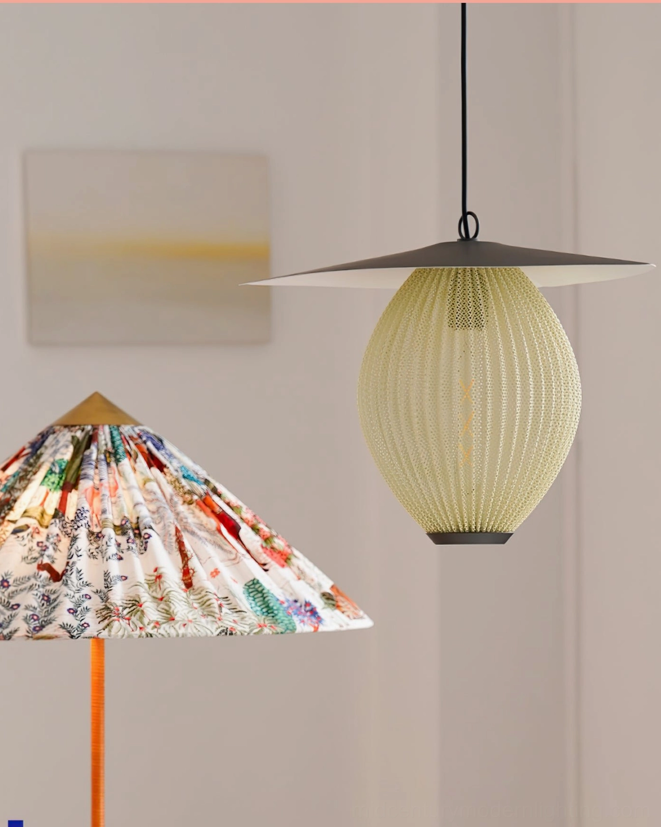 Cream Satellite pendant light in minimalist living corner with neutral boho aesthetic