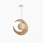 Crescent moon hemp rope pendant light with woven lampshade casting soft ambient light on white studio background