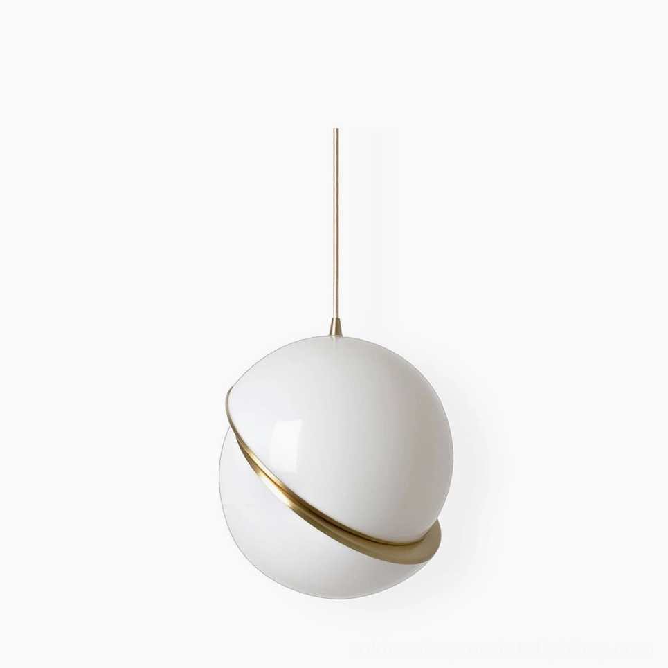 Crescent pendant light opal sphere with brushed gold interior metal element detail