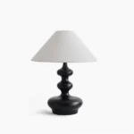 Crigler mid-century modern table lamp front product shot with black wooden base and white conical fabric shade