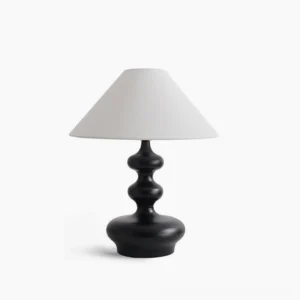 Crigler mid-century modern table lamp front product shot with black wooden base and white conical fabric shade
