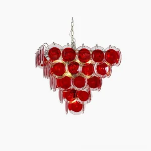 Stiletto Crimson Disc Chandelier front view showing layered red glass discs with chrome metal frame on white background