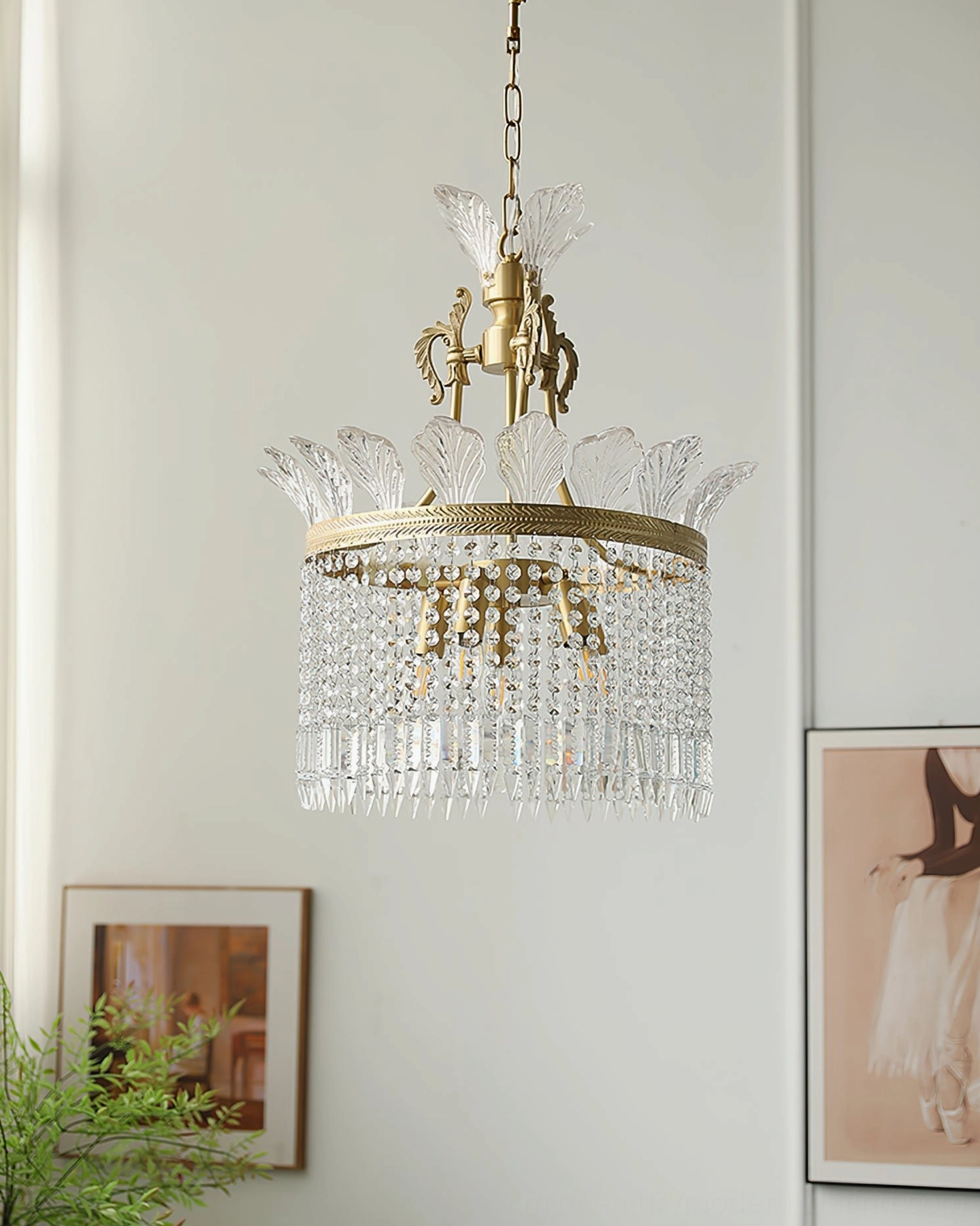 Unlit crinoline crystal chandelier showing clear glass tassel details and petal finial