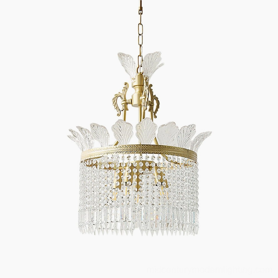 Large brass crinoline chandelier with six E14 bulbs and tiered glass design