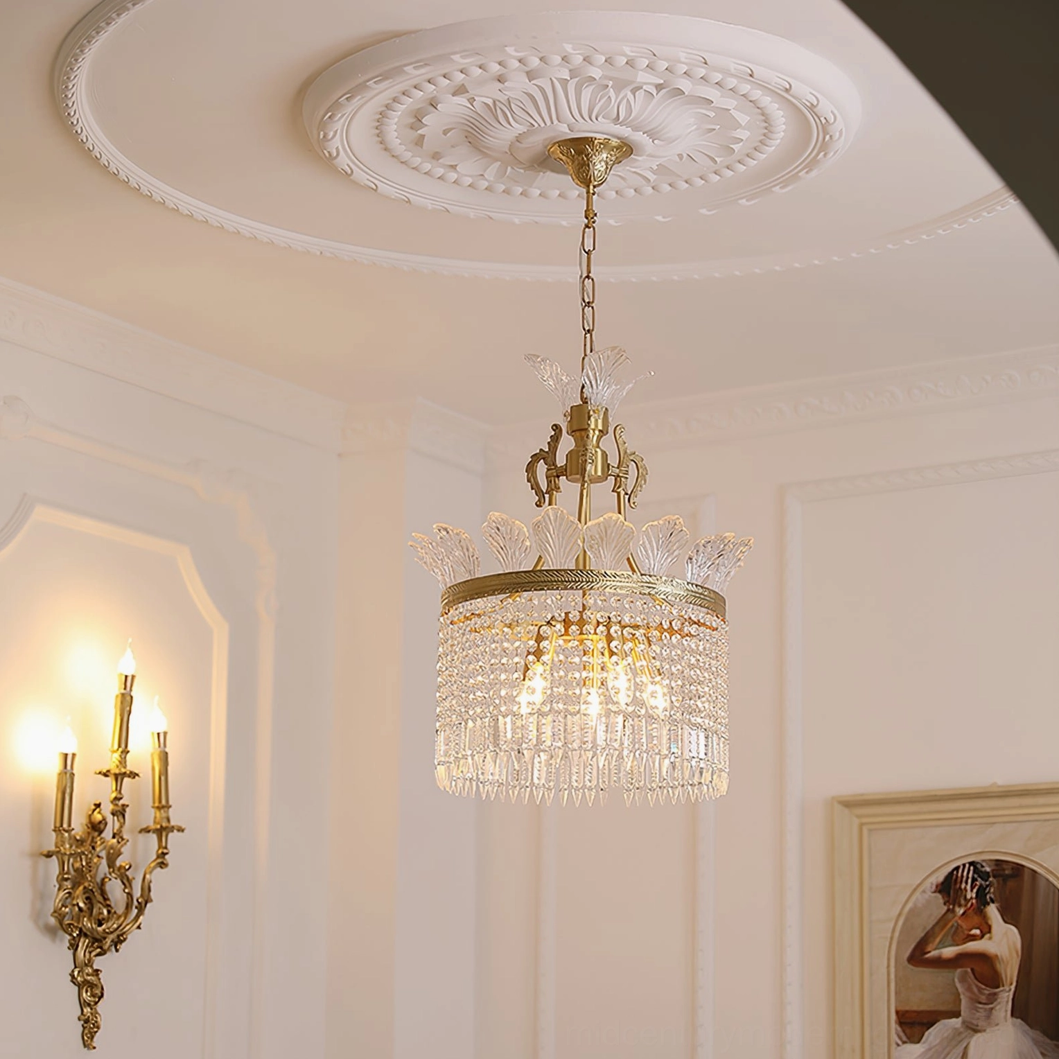 Crinoline chandelier showing layered crystal construction and brass framework