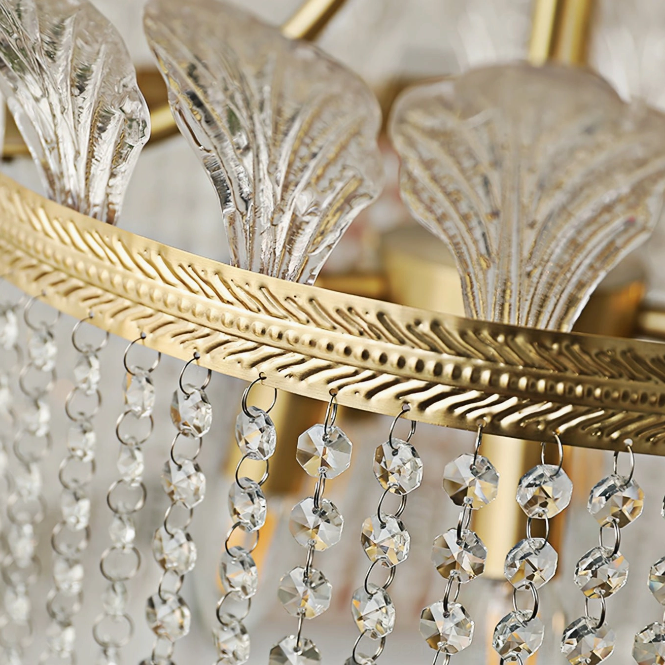 Crinoline crystal chandelier in elegant home setting showing light refraction