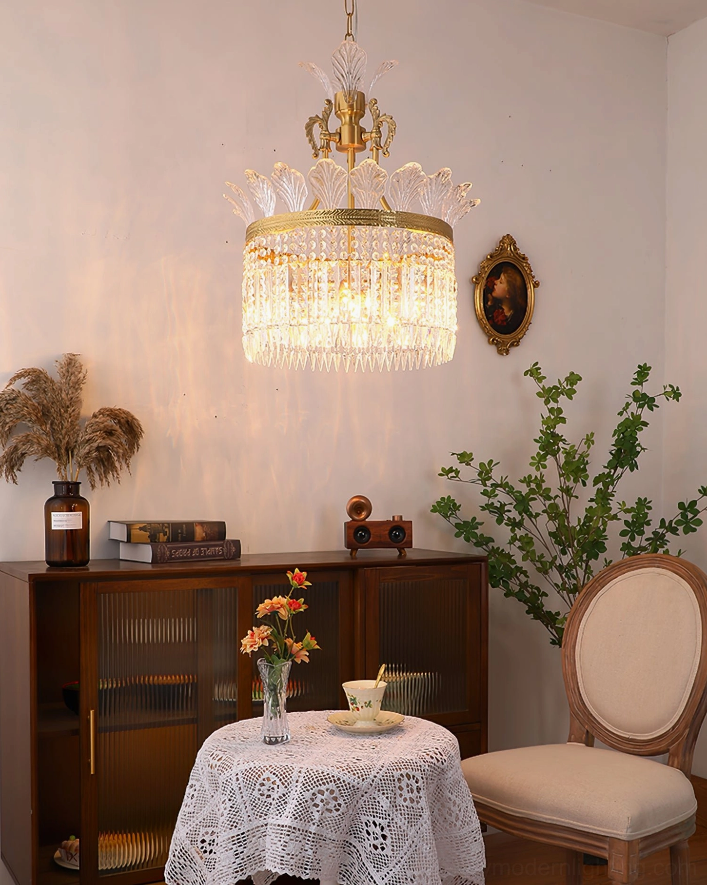 Medium-sized crinoline chandelier in white room showing sculptural form