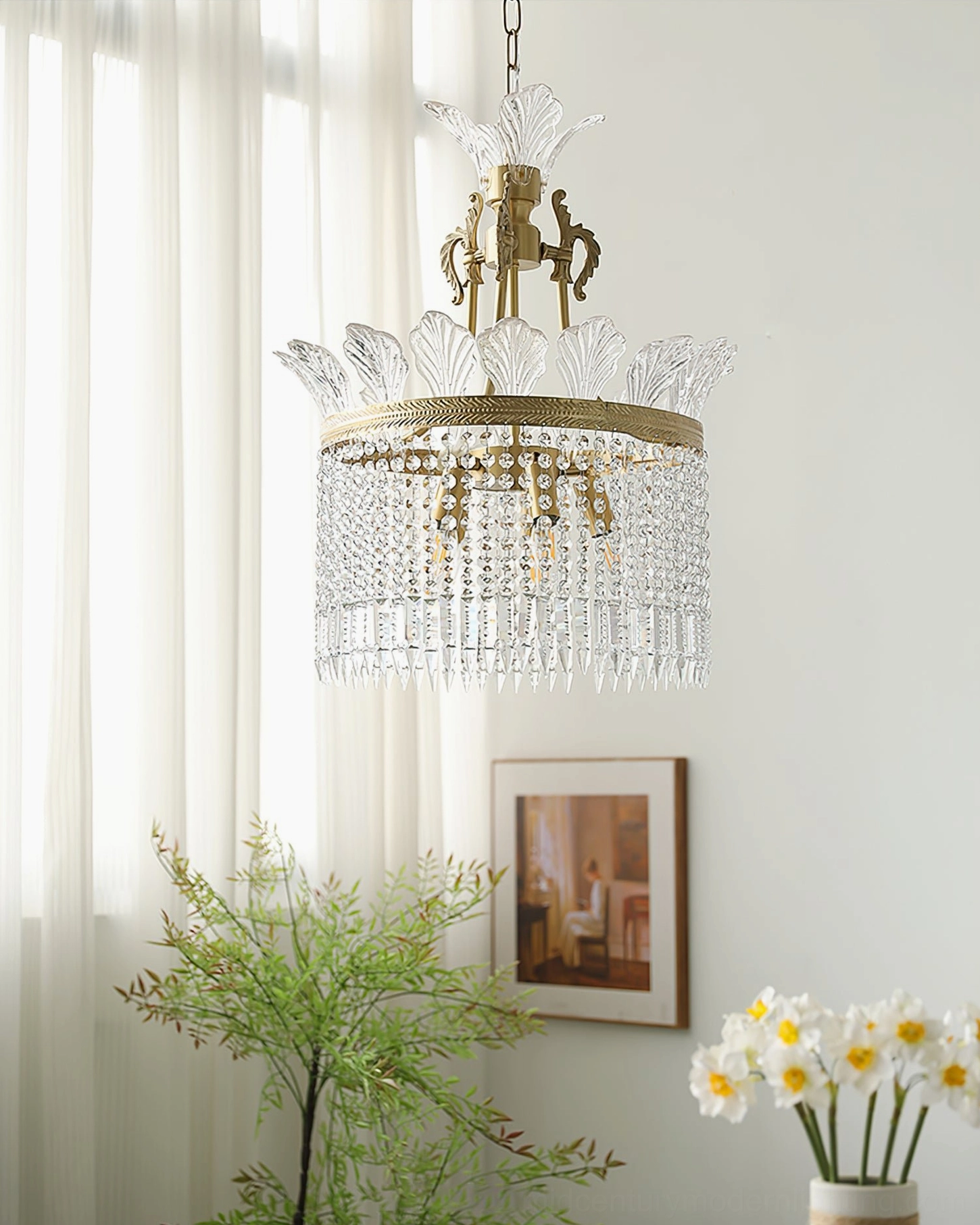 Minimalist French vintage crystal chandelier front view in living room with plants