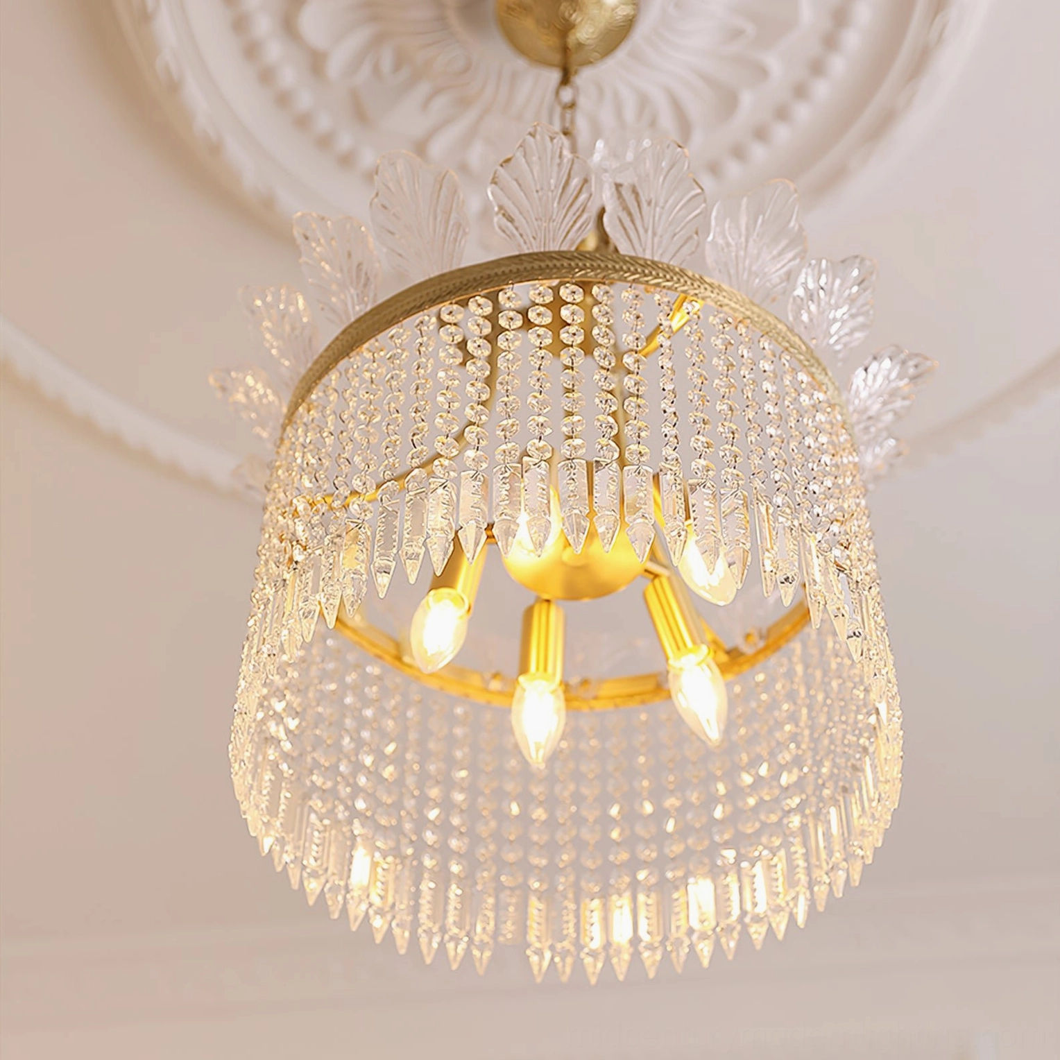 Vintage-inspired crinoline brass chandelier with opaque glass elements