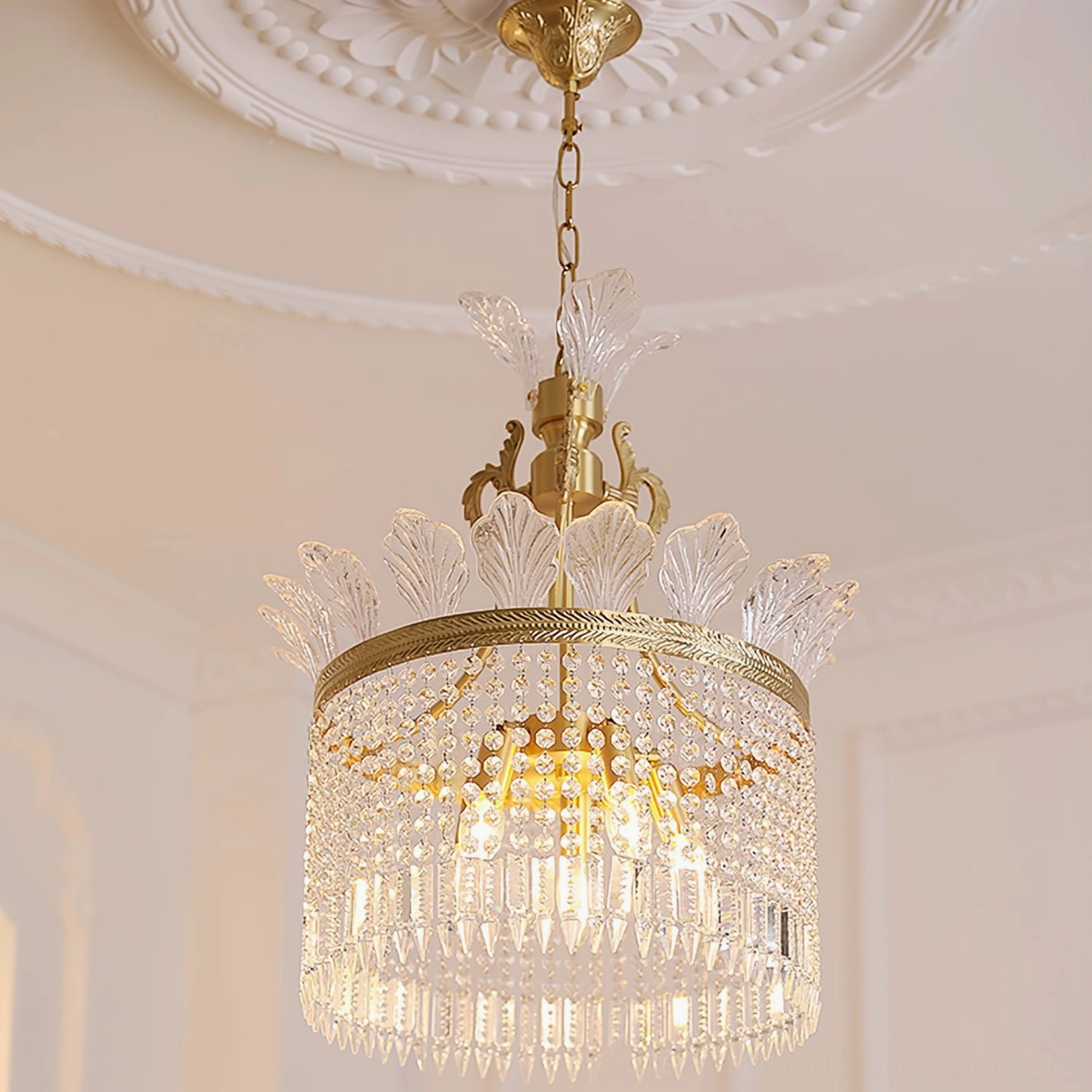 Ornamental crinoline chandelier detail shot showing glass petal arrangement