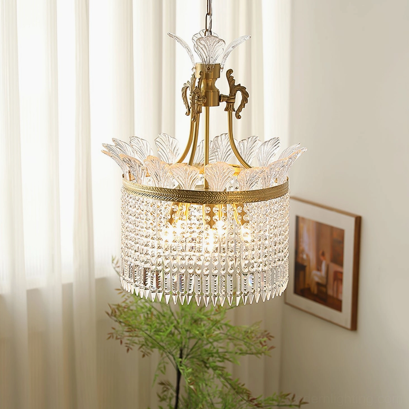 Vintage French luxury crystal chandelier with warm lighting in contemporary living space