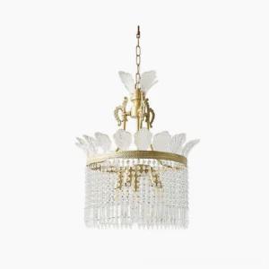 Crinoline crystal chandelier with tiered brass frame and cascading glass pendants - front studio view