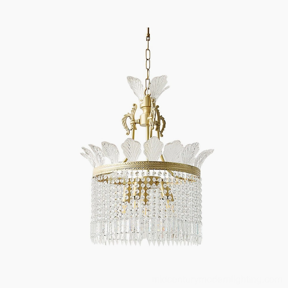 Crinoline crystal chandelier with tiered brass frame and cascading glass pendants - front studio view
