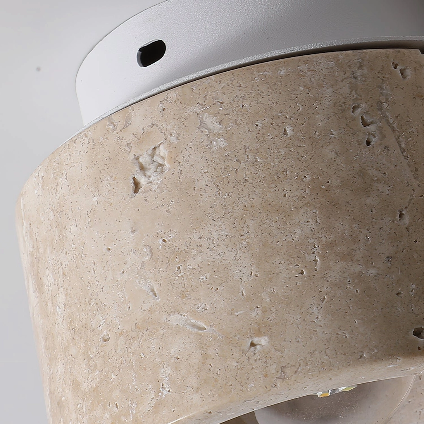 Cromia natural travertine ceiling light specifications showing dimensions and material composition for size reference