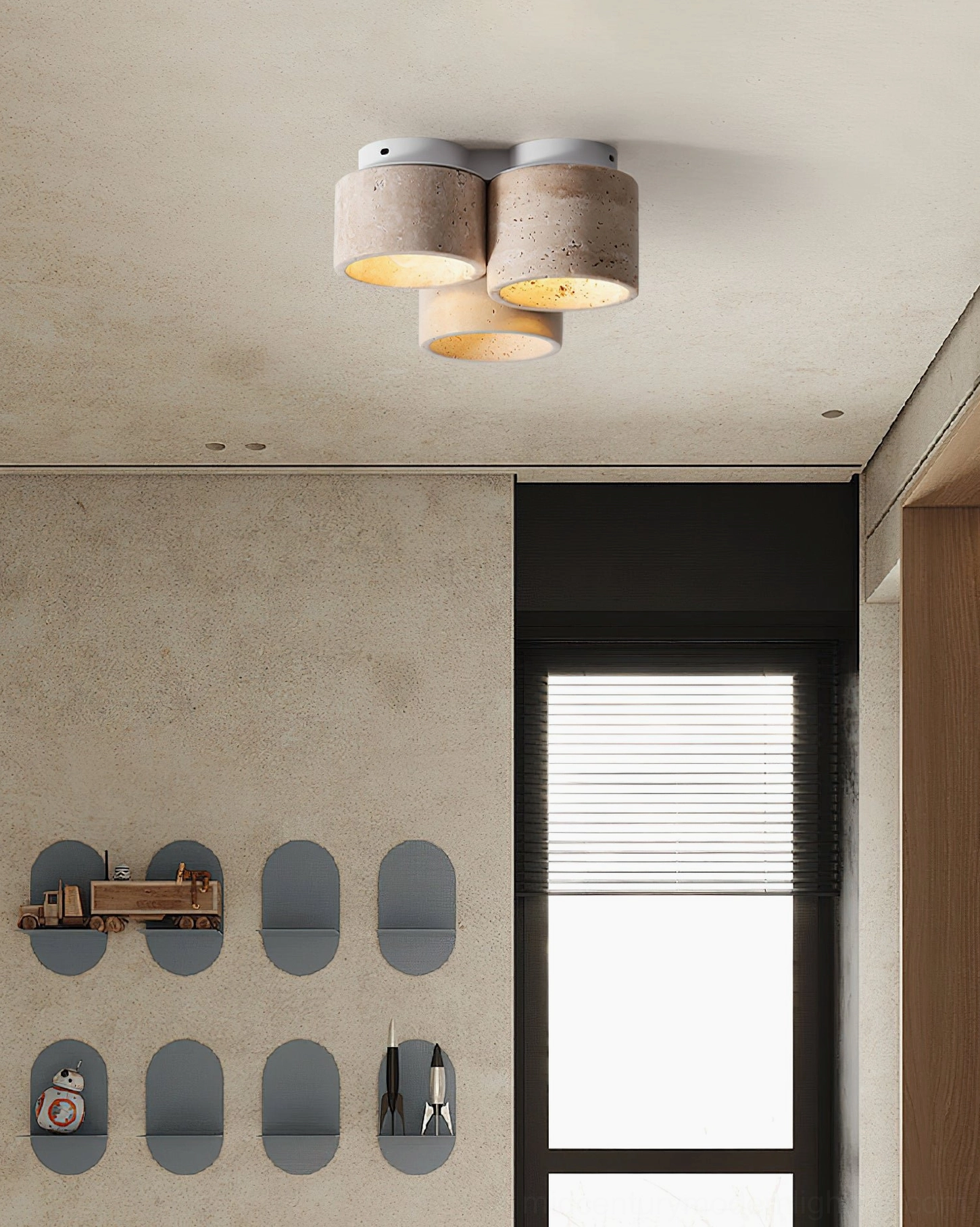 Cromia three-light travertine ceiling fixture installed in modern entryway with decorative wall elements