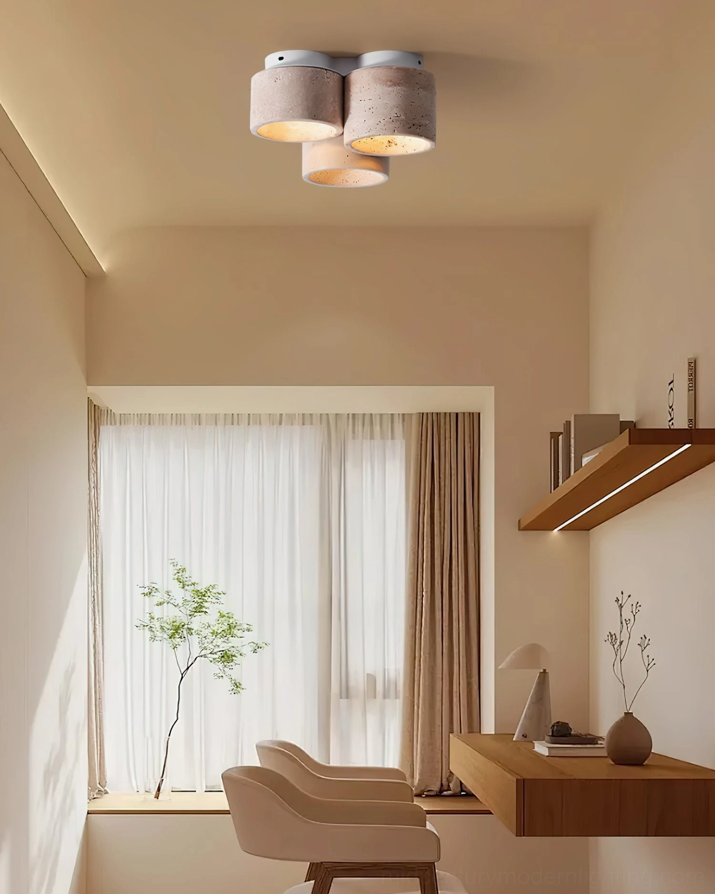Cromia ceiling light installed in minimalist home office creating soft ambient illumination above work desk