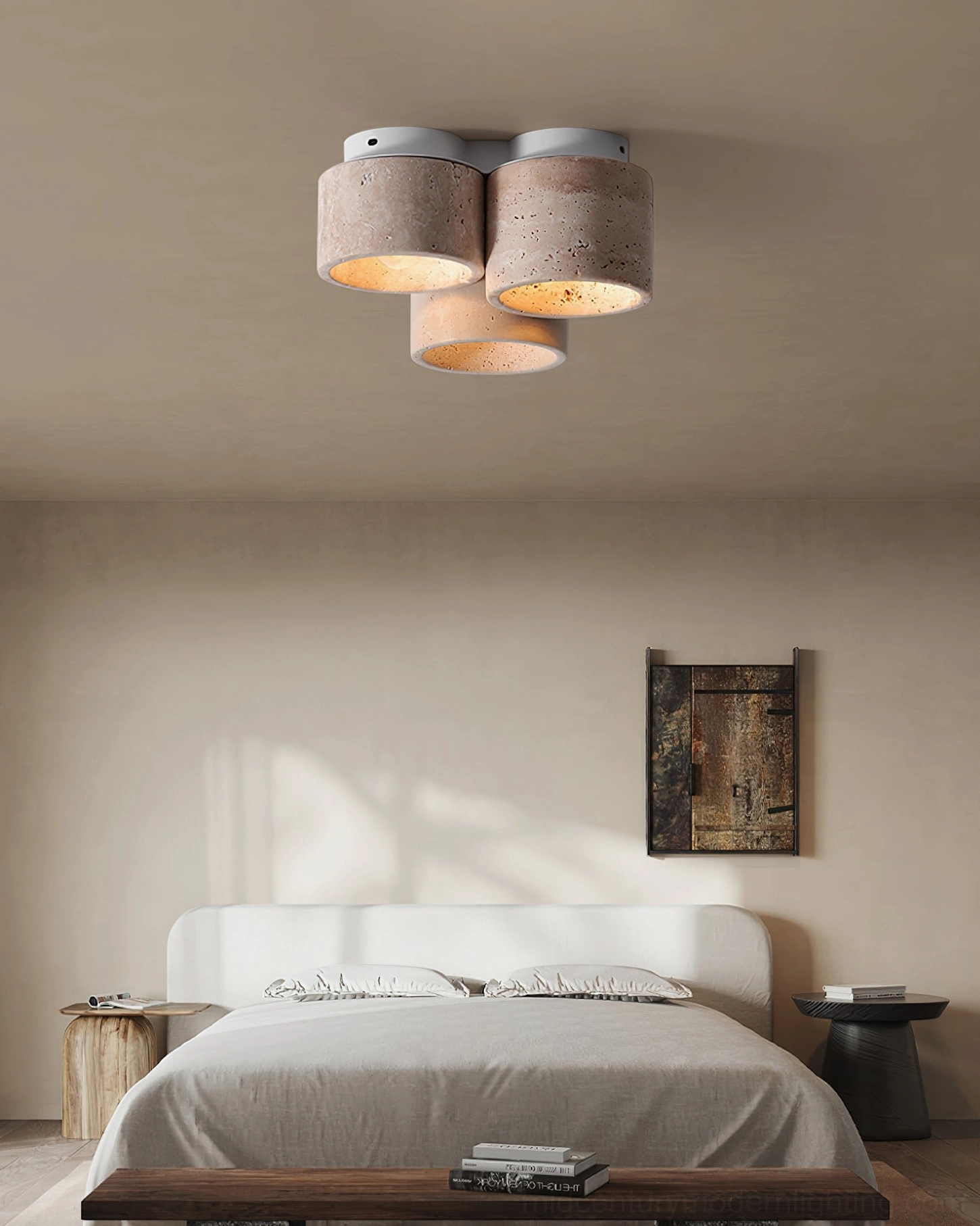 Cromia travertine light installed in master bedroom creating warm minimalist atmospheric lighting for relaxation