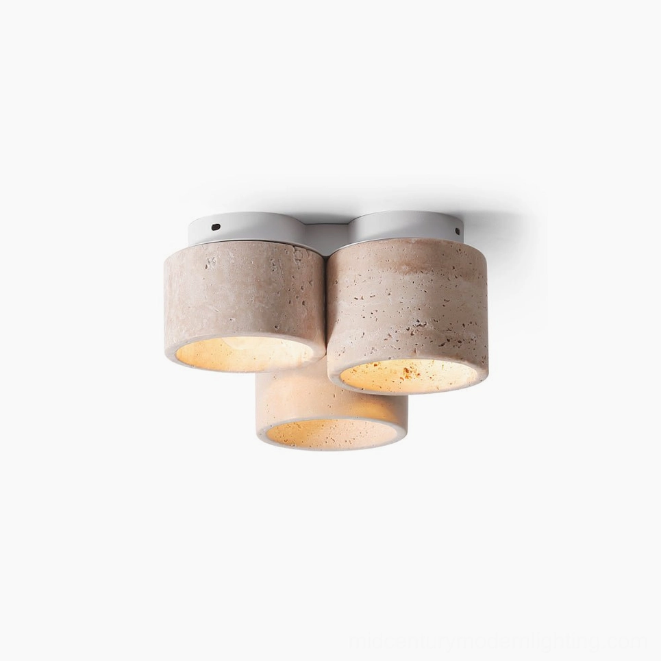 Cromia natural travertine three-light ceiling fixture shown against white background, showcasing cylindrical stone shades with warm wood base