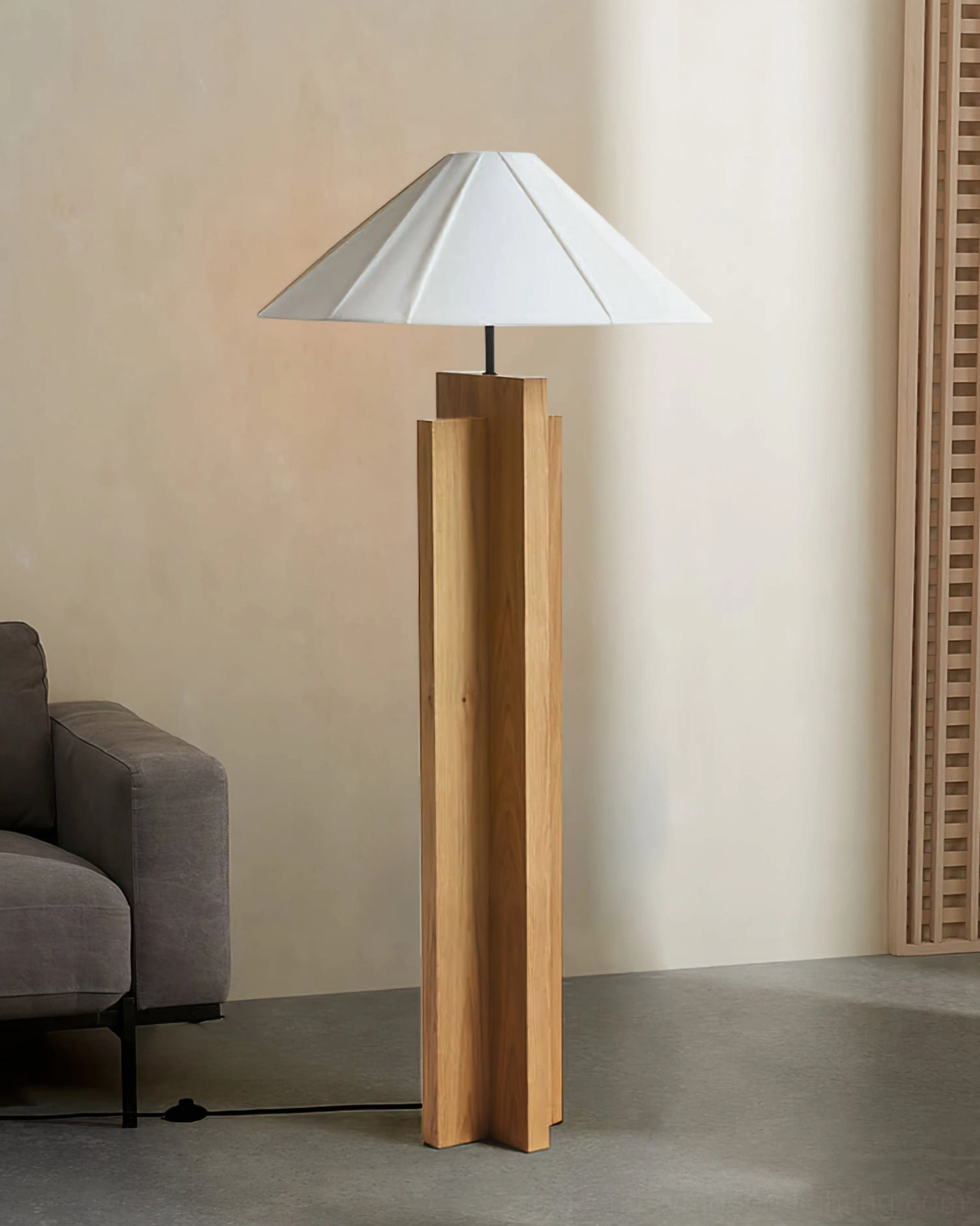 Crossbase mid-century modern wood floor lamp full length view showing slim geometric pole design