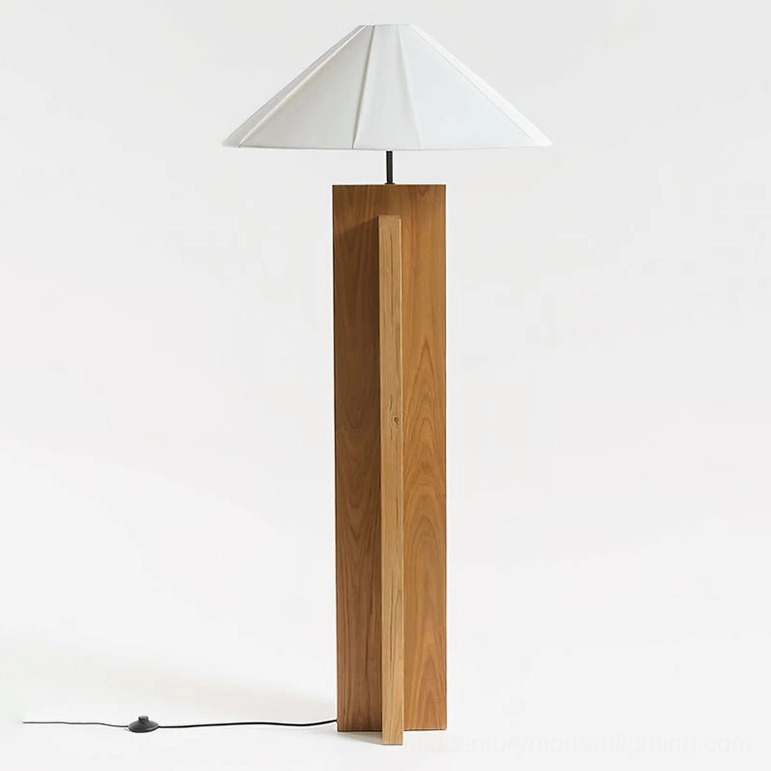 Wood color crossbase floor lamp featuring light natural wood finish with geometric base design
