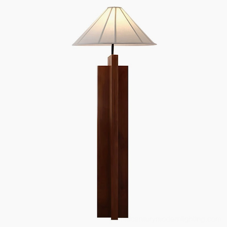 Walnut color crossbase wood floor lamp with walnut finish wooden base and pleated white linen shade