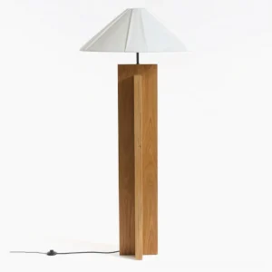 Crossbase geometric wood floor lamp with walnut finish and pleated white fabric shade, front view on white background
