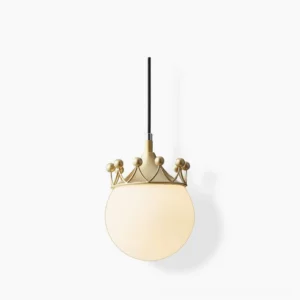 Crown globe pendant light with brass gold hardware and frosted opalescent glass shade, front studio view on white background