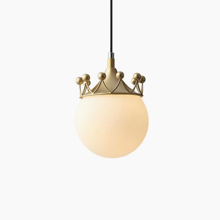 Crown globe pendant light in gold and white finish, 15cm diameter by 20cm height, premium opalescent glass shade