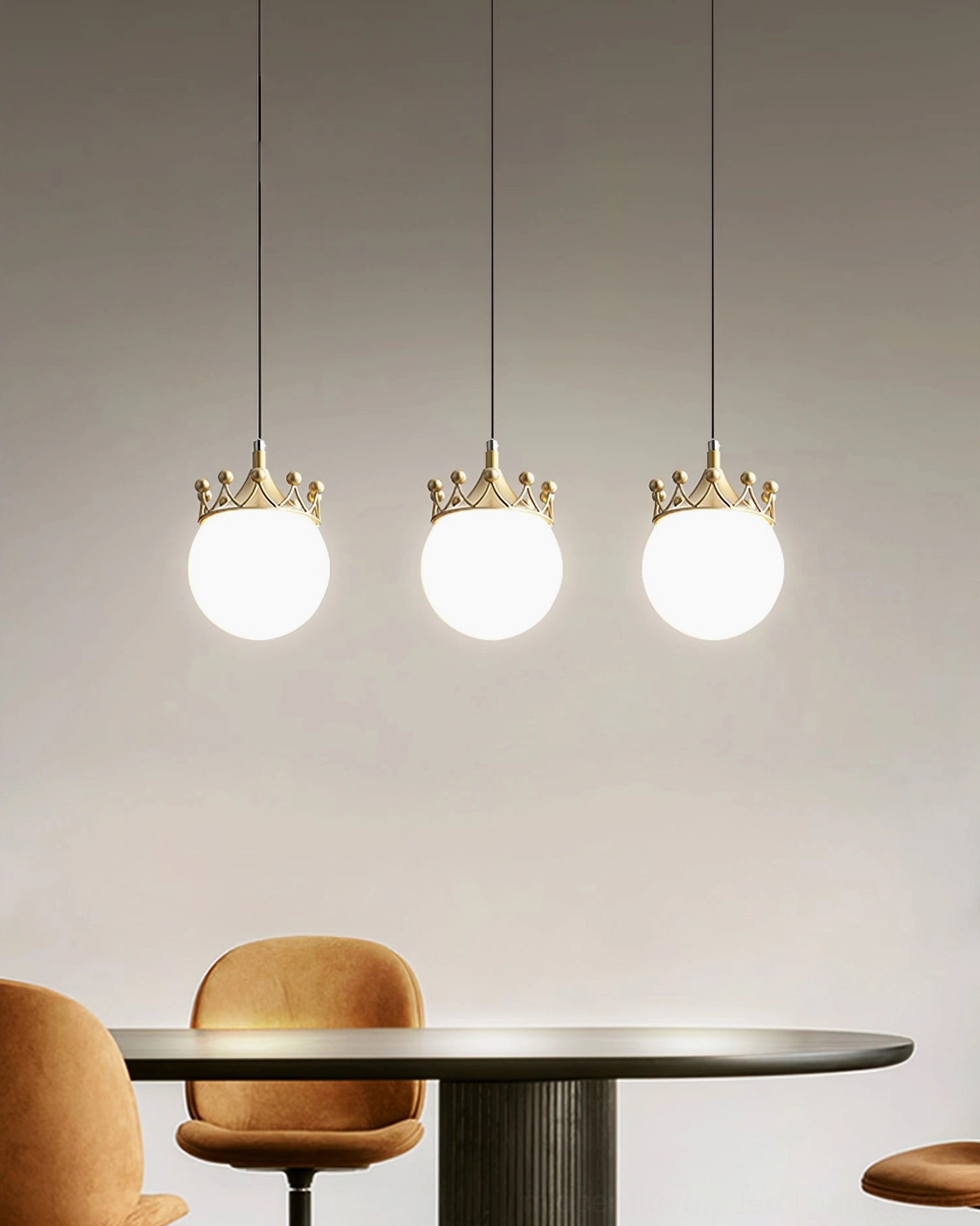 Crown-topped globe pendant light fixture in modern bedroom setting, showcasing elegant brass and white finish combination