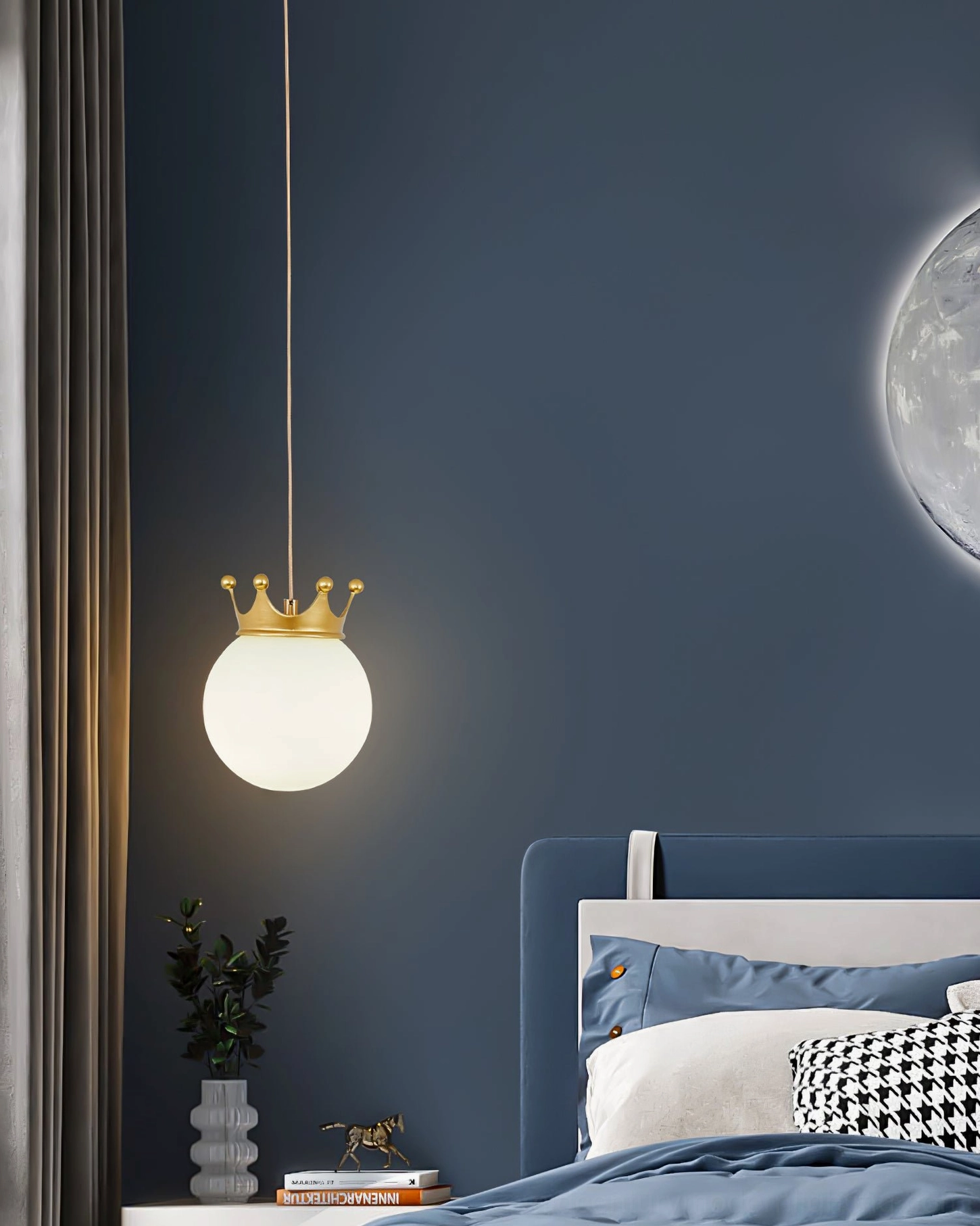 Crown pendant light fixture in contemporary bedroom with terracotta wall, abstract wall art and black metal nightstand below