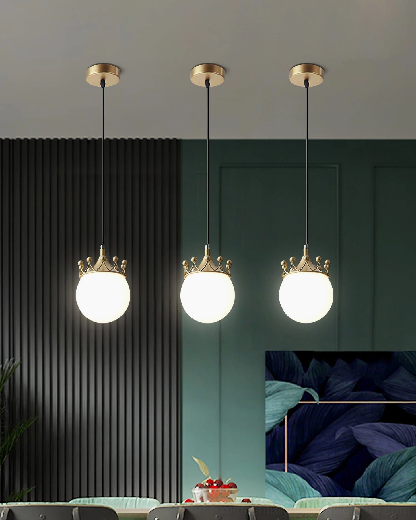 Crown pendant light fixture with frosted opalescent glass shade and adjustable suspension cord for various ceiling heights