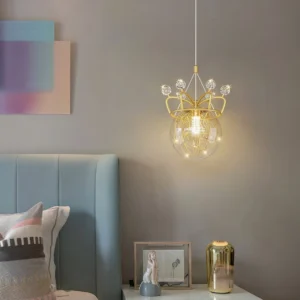 Gypsophila Crown pendant light hanging in modern bedroom with blue headboard, warm glow ambient lighting