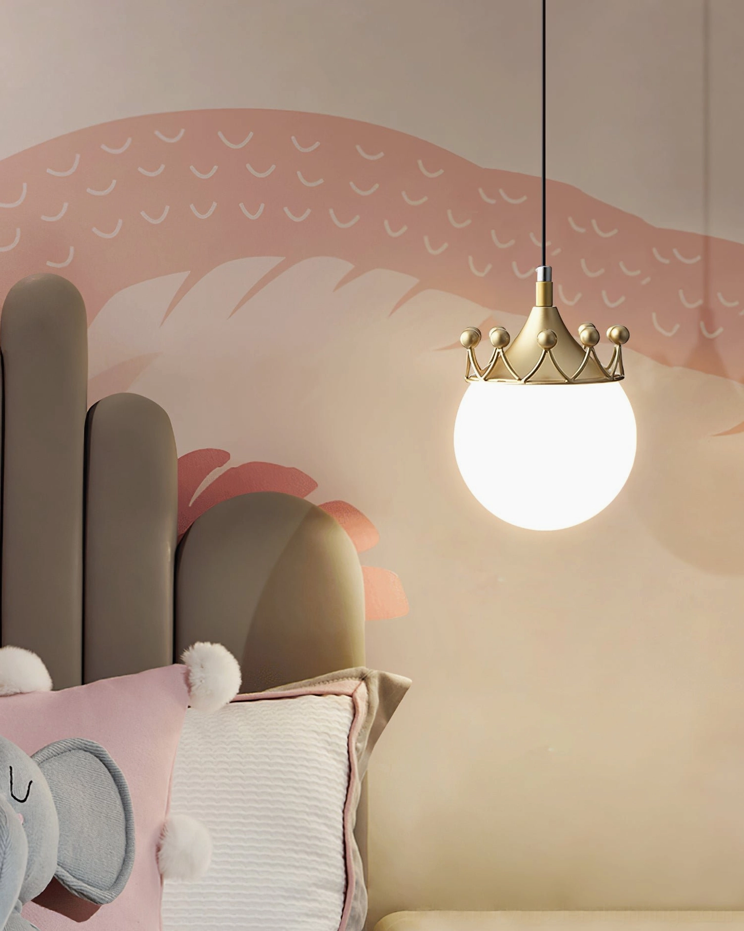 Crown-topped globe pendant lamp showing brass gold hardware details and premium metal frame construction quality