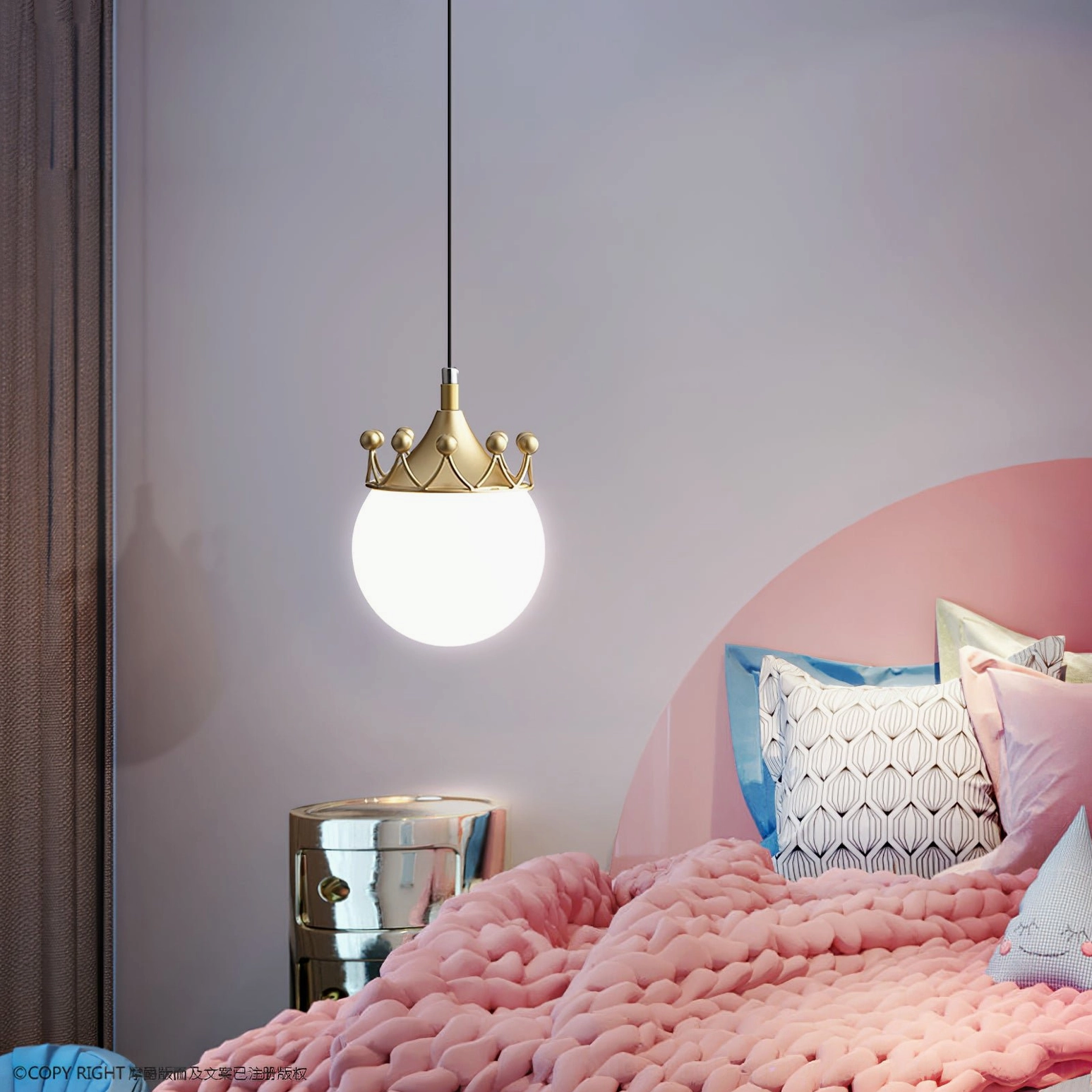 Crown globe pendant lamp creating soft warm ambient lighting in cozy bedroom with pink bedding and modern furnishings