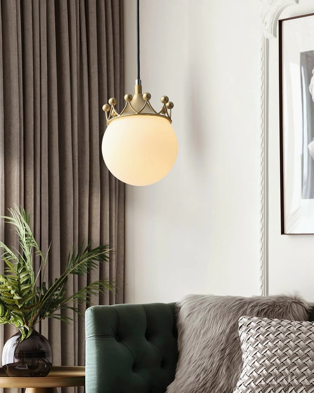 Crown-topped ceiling pendant lamp in bedroom with navy blue wall, moon wall decoration and checkered bedding arrangement