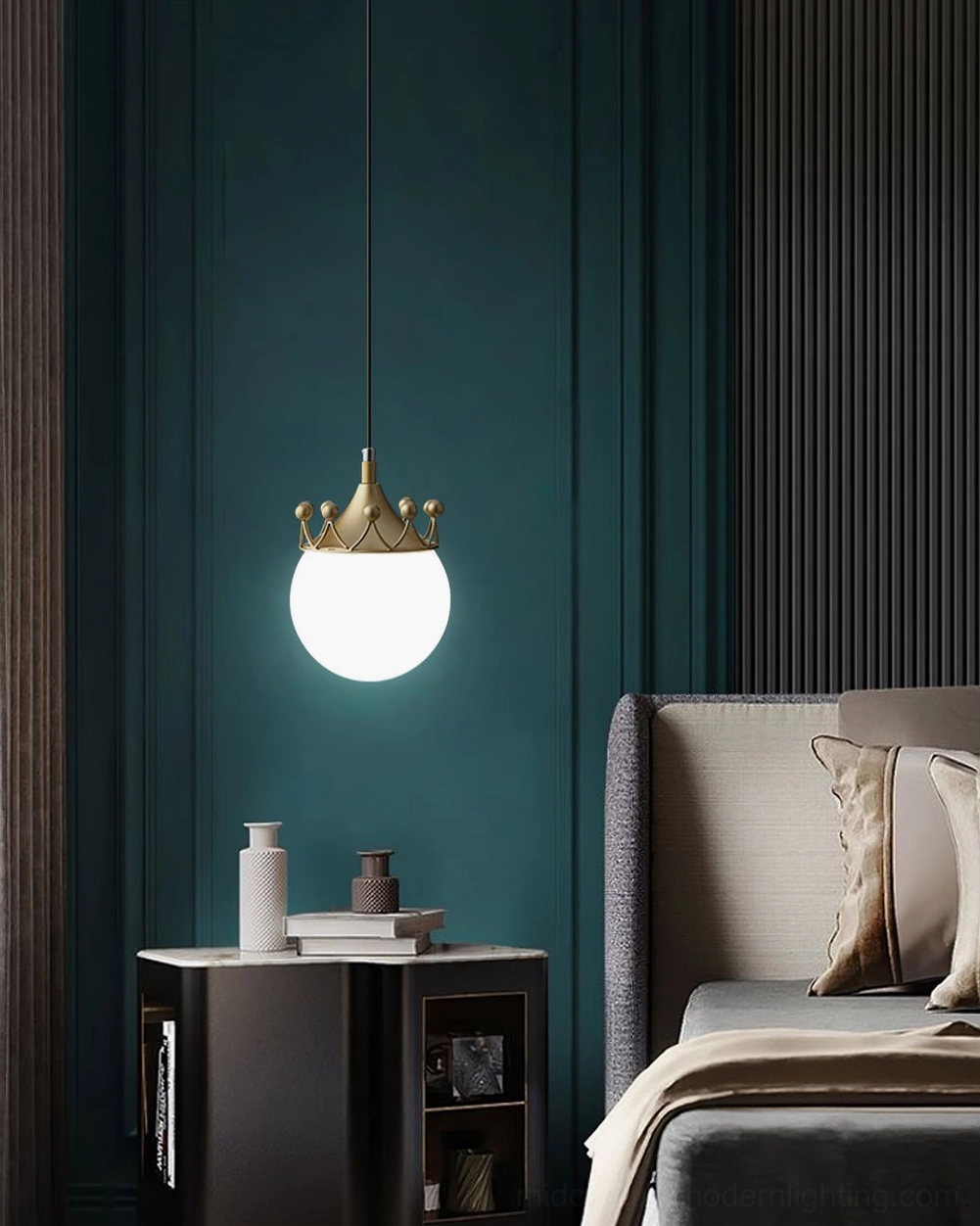 Mid-century modern crown globe pendant in bedroom with dark teal fluted wall, low-key warm ambient lighting setup