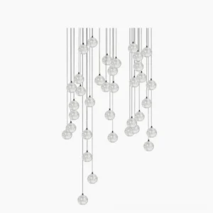 Crystal ball cluster chandelier featuring multiple clear glass globes suspended from single ceiling canopy, modern minimalist design