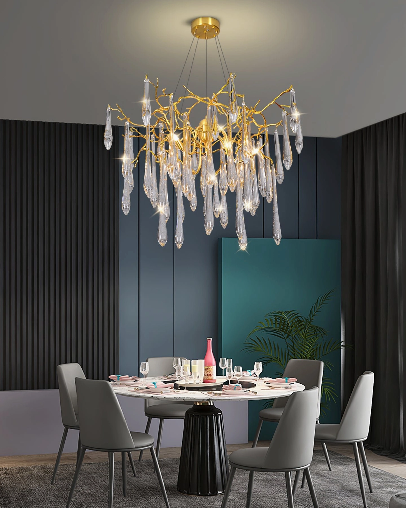 Crystal branch chandelier showcase elegant teardrop pendants light refraction architectural detail