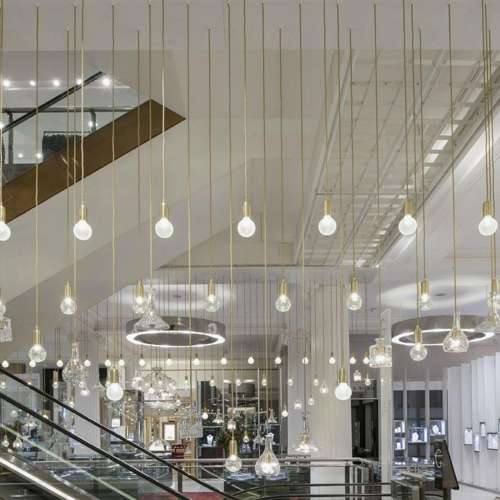 Five-head crystal bulb pendant chandelier with hand-cut glass shades and brass frame