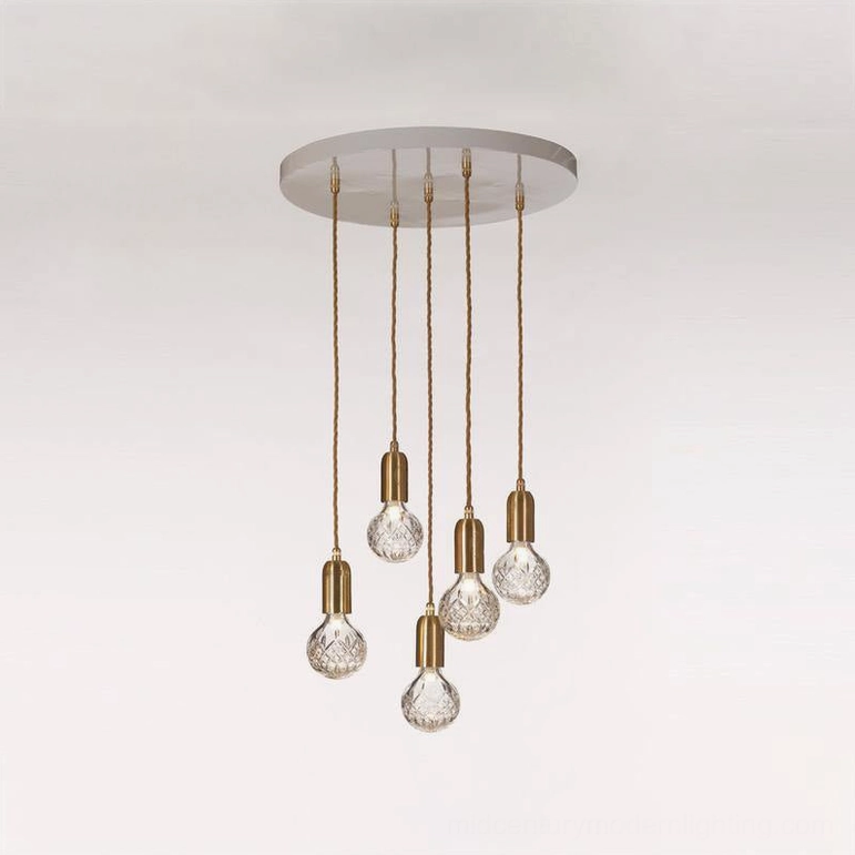 Five-head large crystal bulb pendant in brass gold finish for commercial and residential spaces