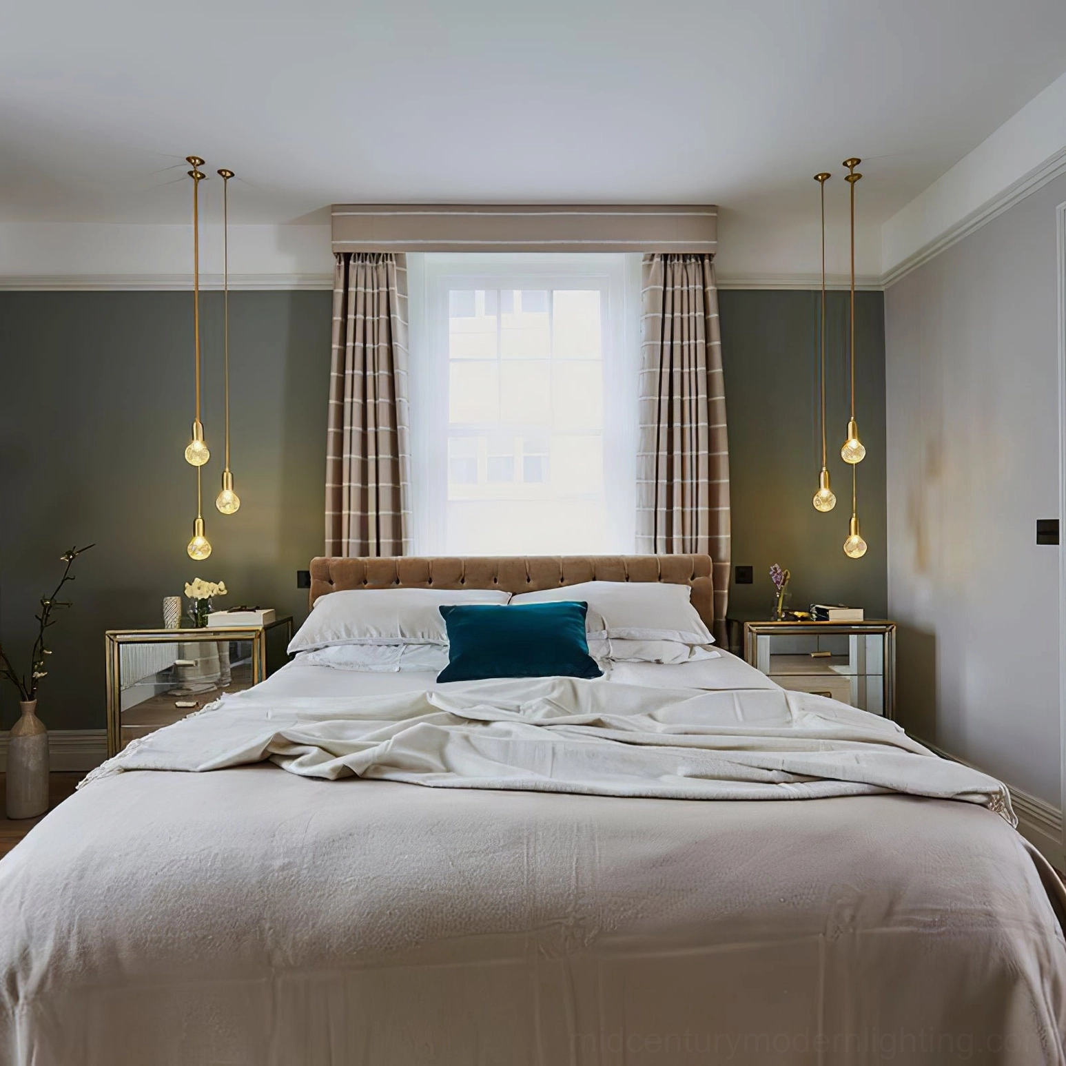 Crystal bulb pendant lights creating warm ambiance in master bedroom interior design