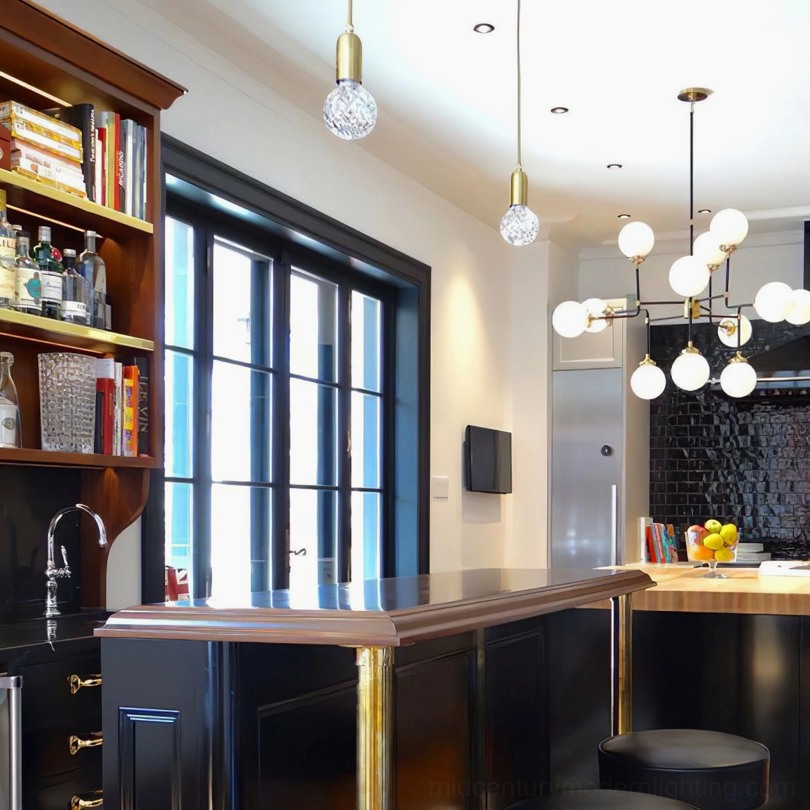Crystal bulb pendant lights above kitchen island with modern cabinetry and bar seating