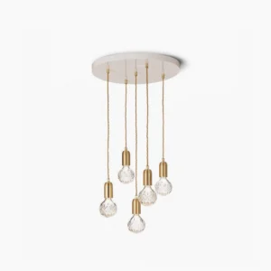 Multi-head crystal bulb pendant light cluster in brass with handcrafted clear glass shades